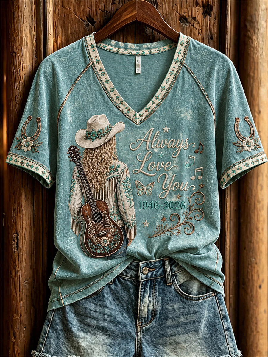 Women's Vintage Classic Country Music Inspired Western Print Memorial short-sleeved T-shirt