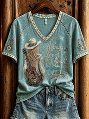 Women's Vintage Classic Country Music Inspired Western Print Memorial short-sleeved T-shirt