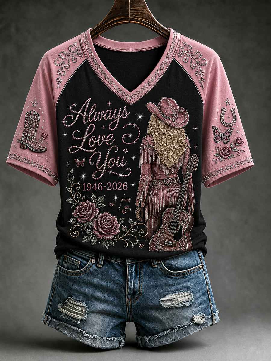 Women's Classic Country Music Inspired Glitter Print Memorial T-shirt
