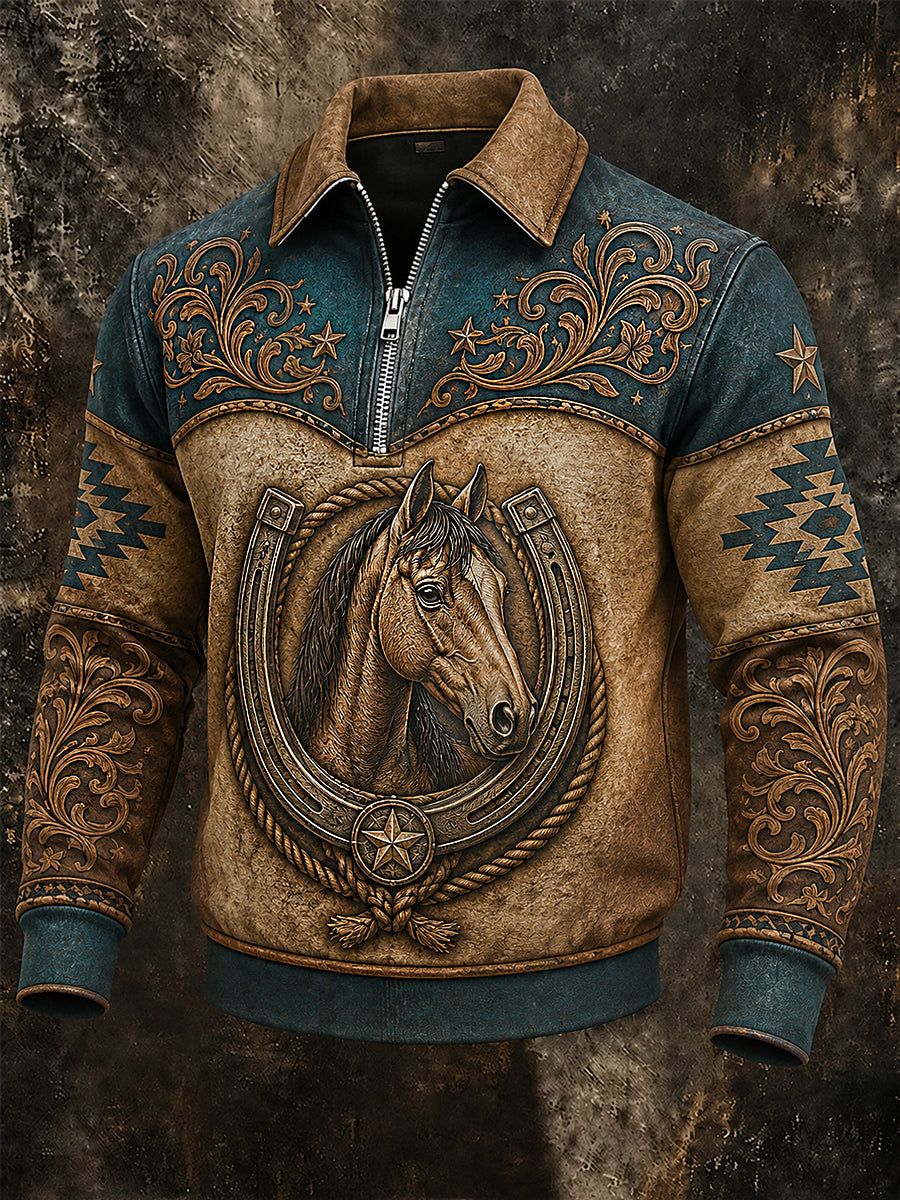 Men's Retro Western Horse Print Casual Zipper Pullover