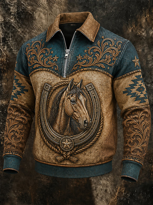 Men's Retro Western Horse Print Casual Zipper Pullover