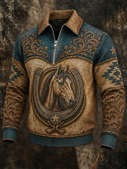 Men's Retro Western Horse Print Casual Zipper Pullover