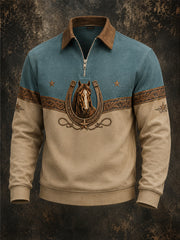 Men's Retro Western Horse Print Casual Zipper Pullover