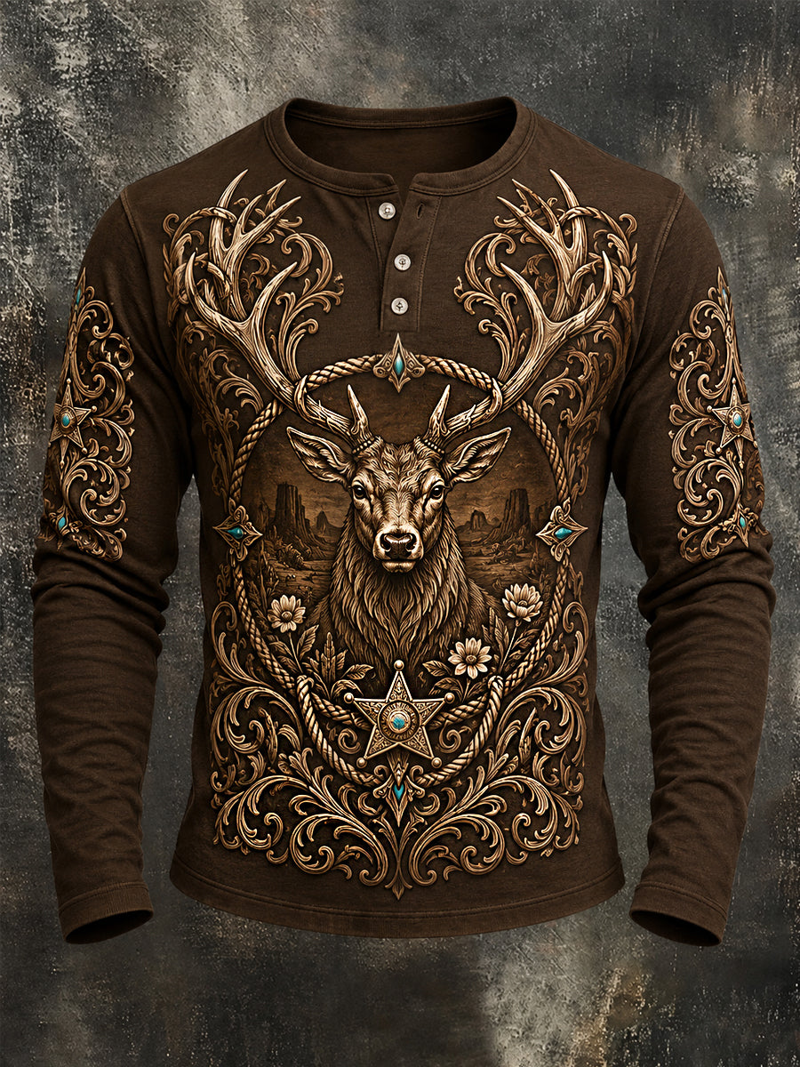 Men's Retro Deer Print Casual Long Sleeve T-Shirt