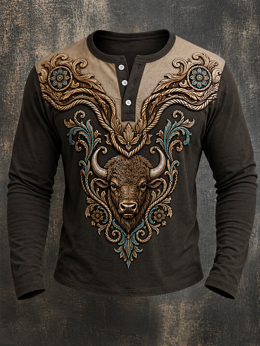 Men's Retro Western Buffalo Print Casual Long Sleeve T-Shirt