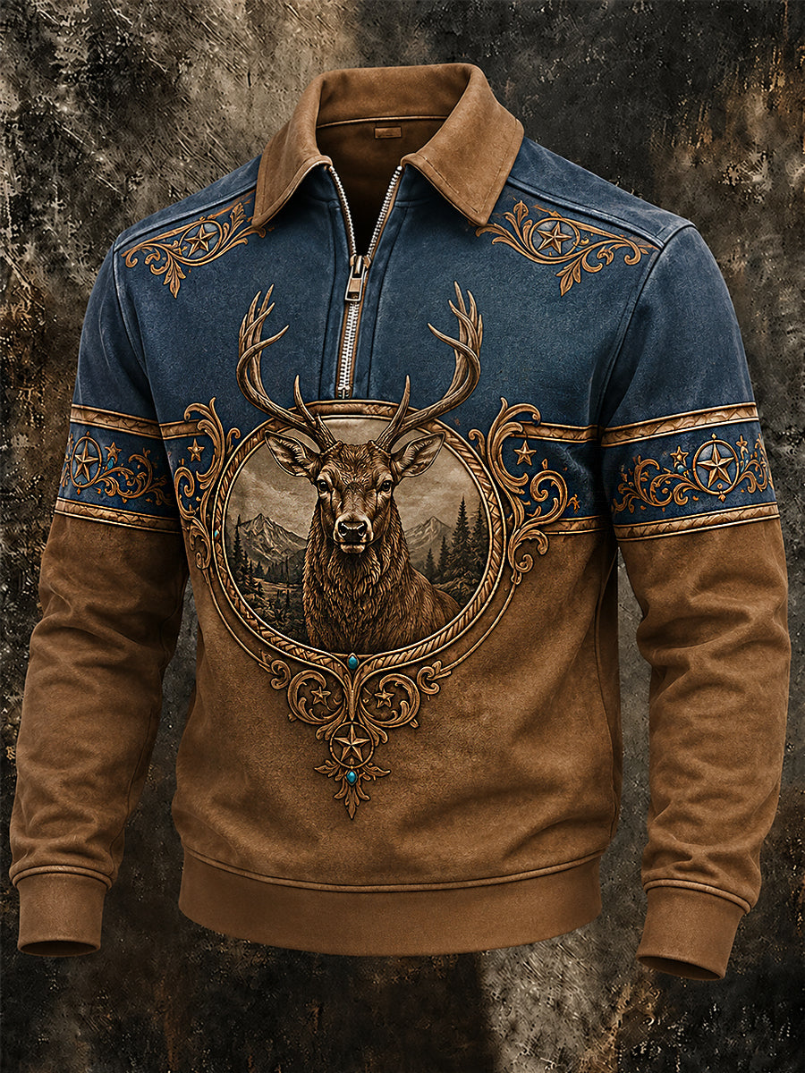 Men's Retro Western Deer Print Casual Zipper Pullover