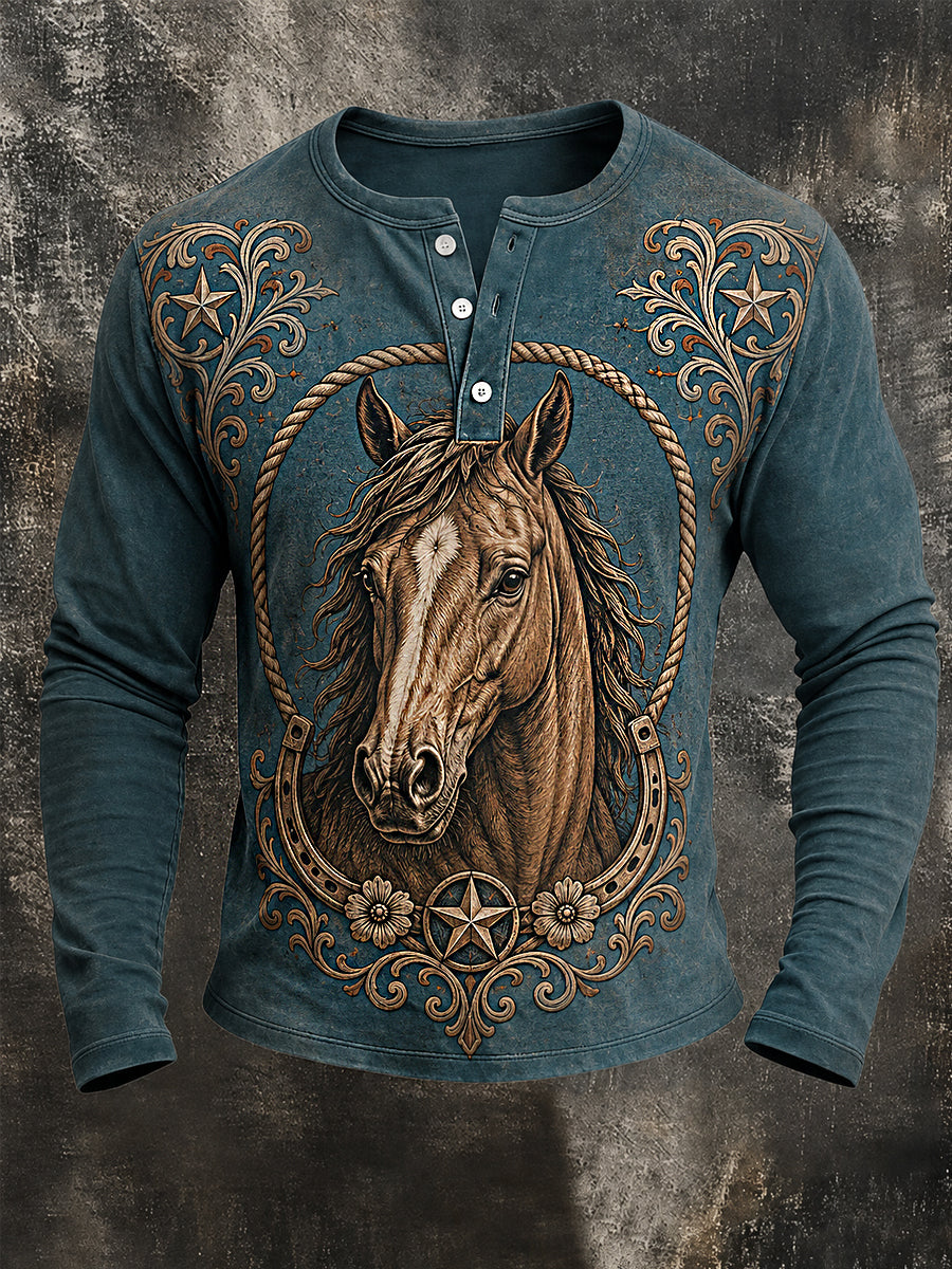 Men's Retro Western Horse Print Casual Long Sleeve T-Shirt
