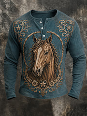 Men's Retro Western Horse Print Casual Long Sleeve T-Shirt