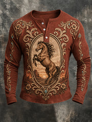 Men's Retro Western Horse Print Casual Long Sleeve T-Shirt