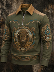 Men's Retro Western Buffalo Print Casual Zipper Pullover