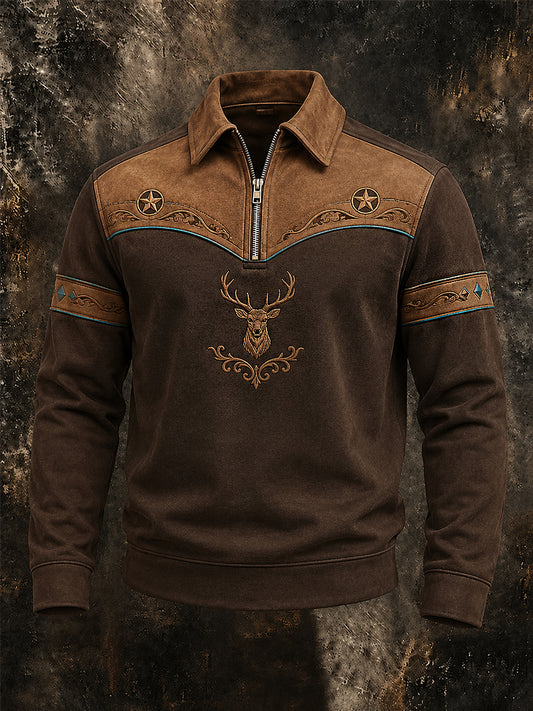Men's Retro Western Deer Print Casual Zipper Pullover