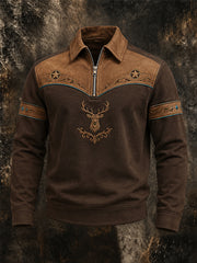 Men's Retro Western Deer Print Casual Zipper Pullover