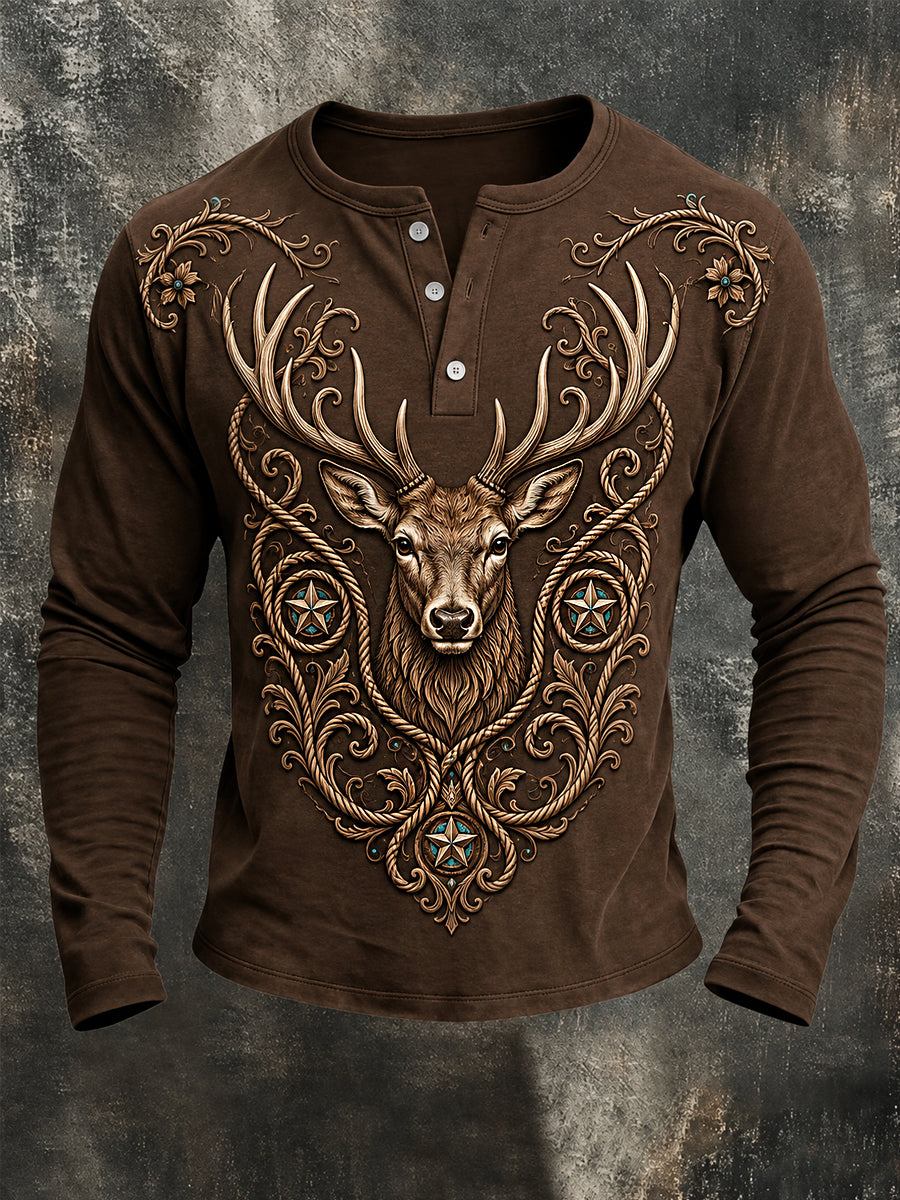 Men's Retro Western Deer Print Casual Long Sleeve T-Shirt