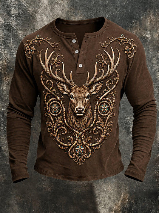 Men's Retro Western Deer Print Casual Long Sleeve T-Shirt