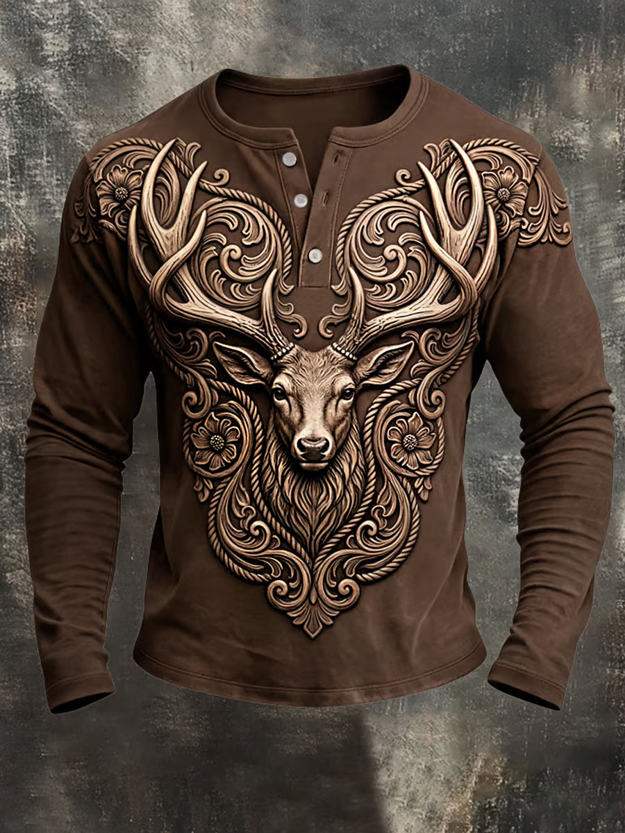 Men's Retro Deer Print Casual Long Sleeve T-Shirt