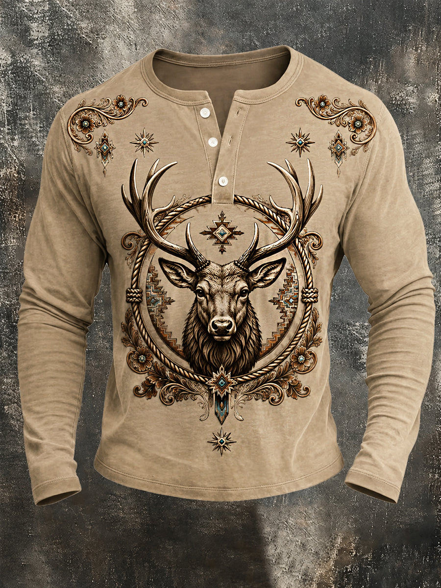 Men's Retro Western Deer Print Casual Long Sleeve T-Shirt