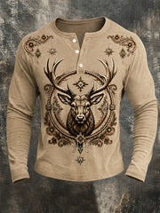 Men's Retro Western Deer Print Casual Long Sleeve T-Shirt