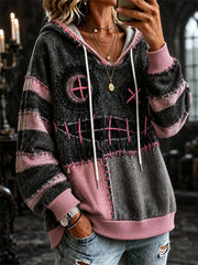 Women's Halloween Lovely Spooky Stitched Face Colorblock Print Cozy Hoodie