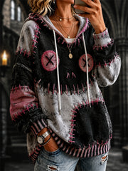 Women's Halloween Lovely Spooky Stitched Face Colorblock Print Cozy Hoodie