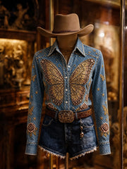 Women's Retro Color Block Western Design Shirt