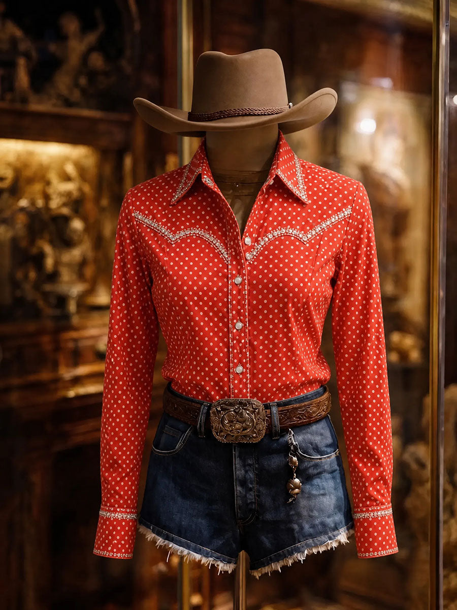 Women's Rhinestone Yoke Polka Dot Red Western Shirt