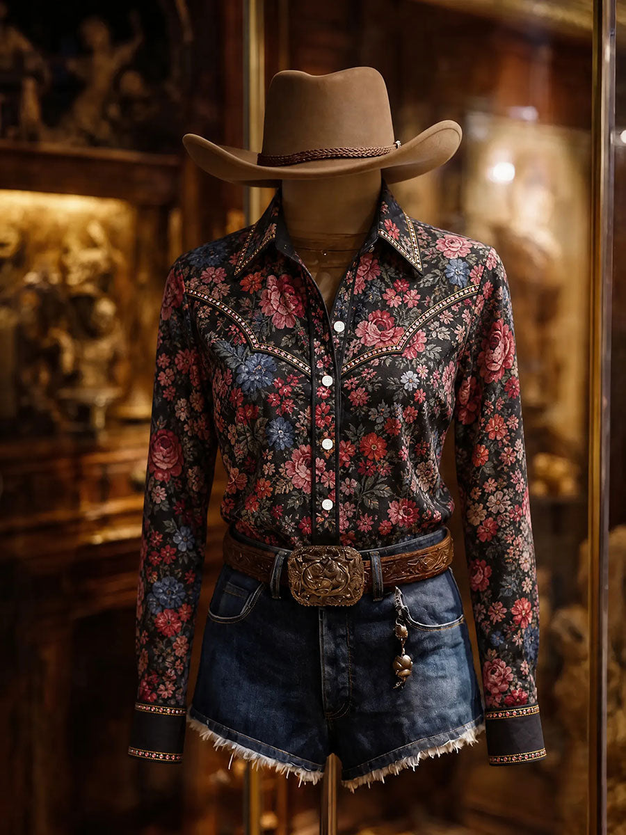 Women's Rhinestone Dark Floral Vintage Western Shirt