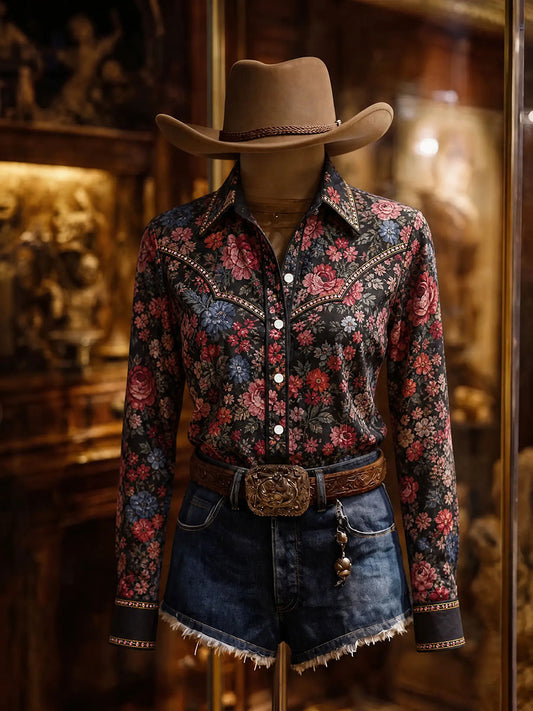 Women's Rhinestone Dark Floral Vintage Western Shirt