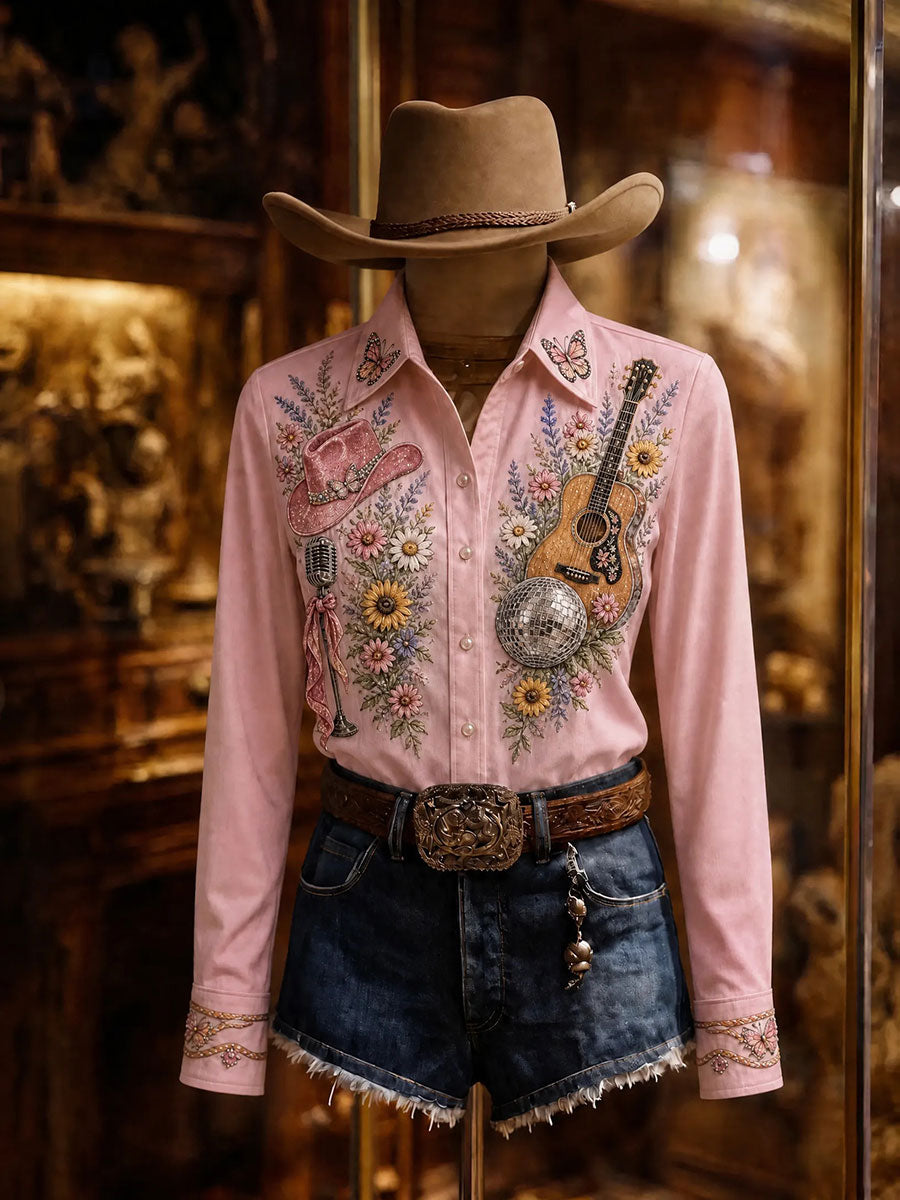 Women's Disco Ball Guitar Embroidered Pink Western Shirt