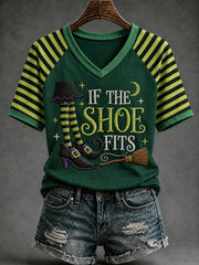 Women's Funny Halloween If The Shoe Fits Stripes Print Casual V-Neck Tee