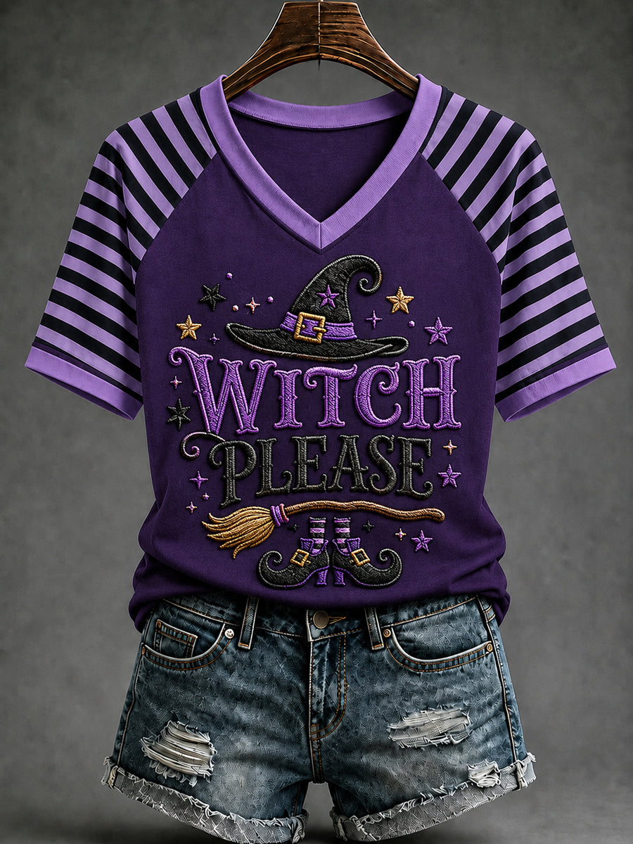 Women's Funny Halloween Witch Please Stripes Print Casual V-Neck Tee