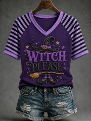 Women's Funny Halloween Witch Please Stripes Print Casual V-Neck Tee