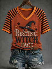 Women's Funny Halloween Resting Witch Face Stripes Print Casual V-Neck Tee