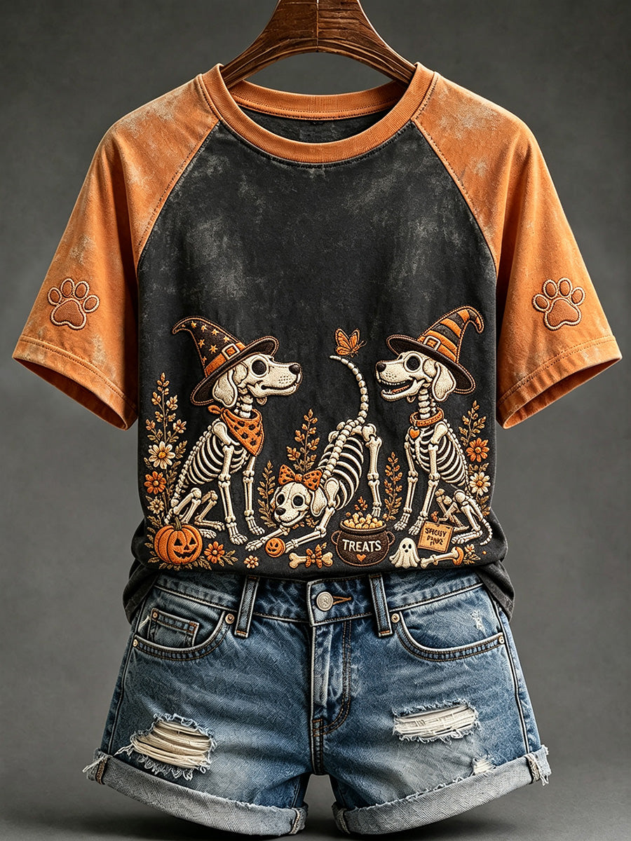Women's Skeleton Dog Halloween Print Round Neck Short Sleeve T-shirt