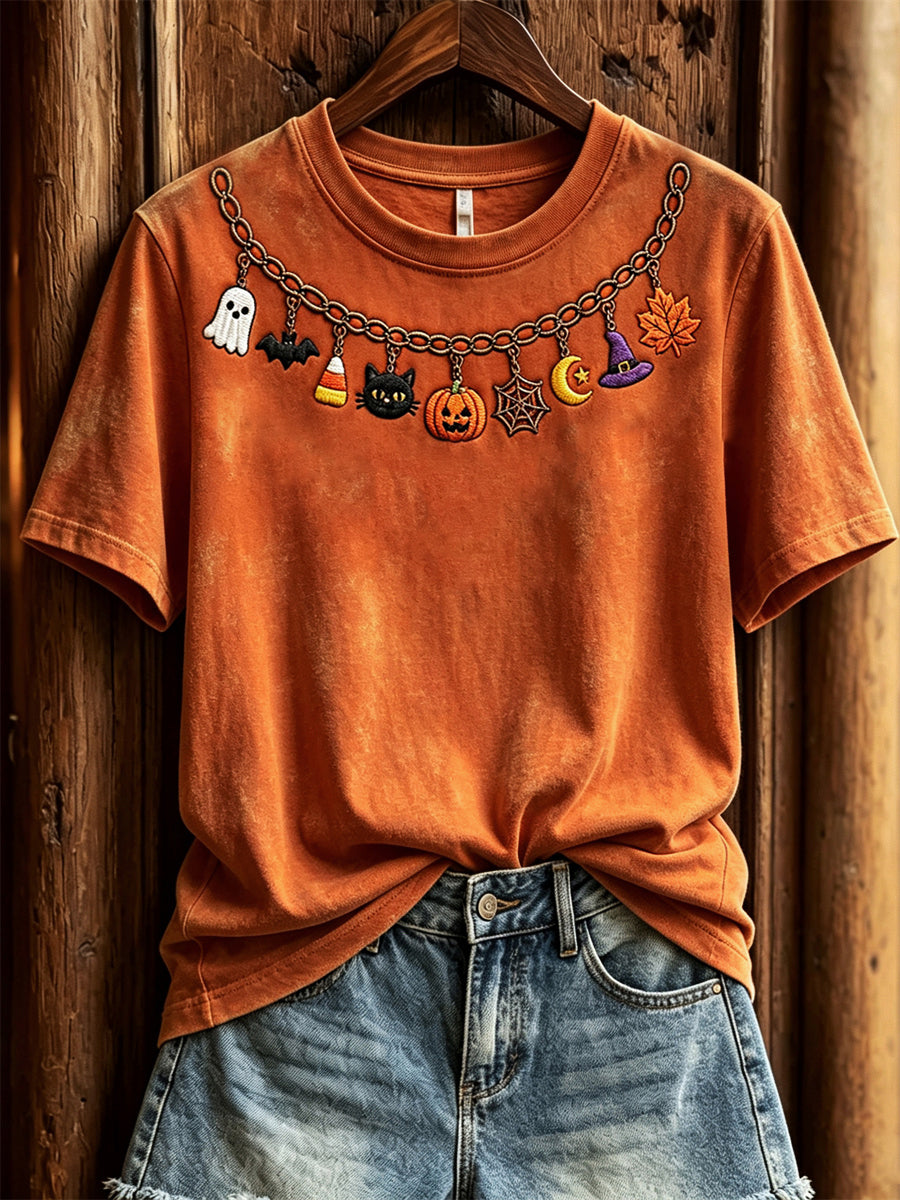 Women's Halloween Fall Vibe Elements Necklace Print short-sleeved T-shirt
