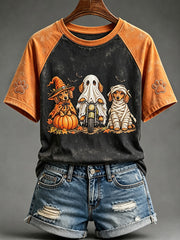 Women's Spooky Wiener Dog Trio Print Round Neck Short Sleeve T-shirt