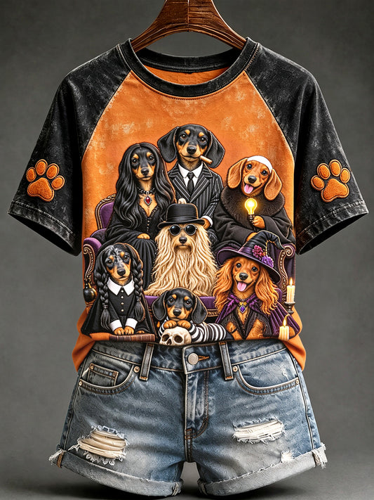 Women's Gothic Dog Family Halloween Print Round Neck Short Sleeve T-shirt