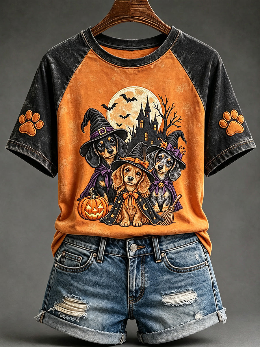 Women's Funny Witch Dog Halloween Print Round Neck Short Sleeve T-shirt