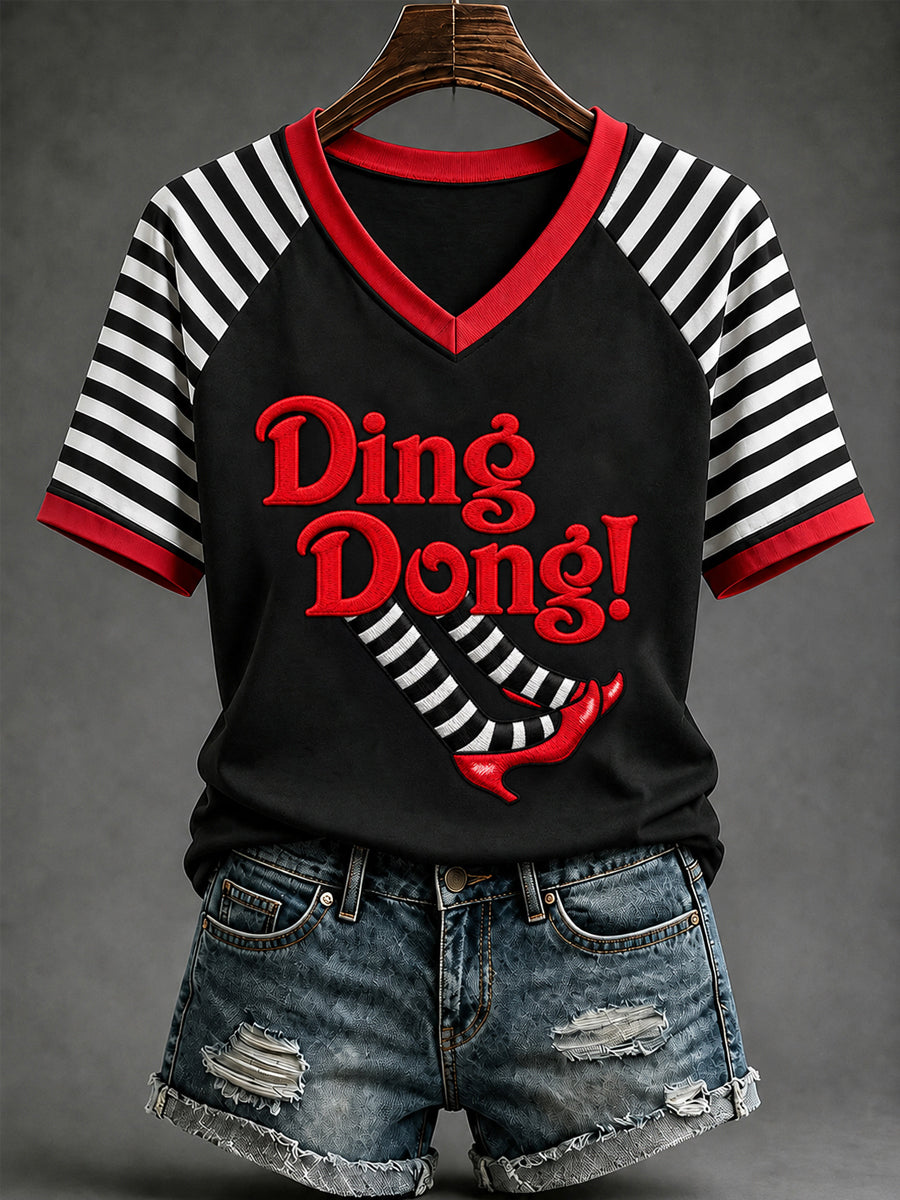 Women's Halloween Ding Dong Red Shoes Stripes Print V-Neck Tee