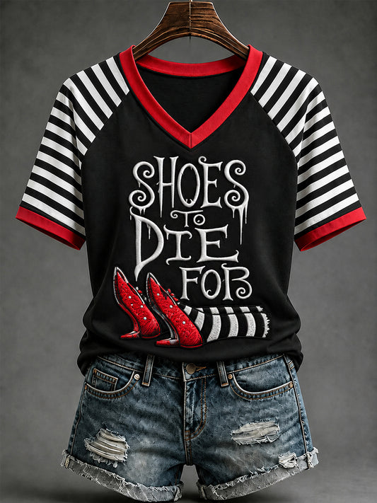 Women's Halloween Shoes To Die For Stripes Print V-Neck Tee