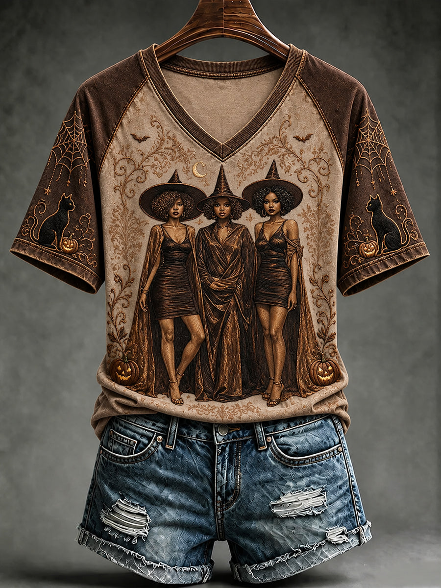 Women's Halloween Print V-neck T-shirt