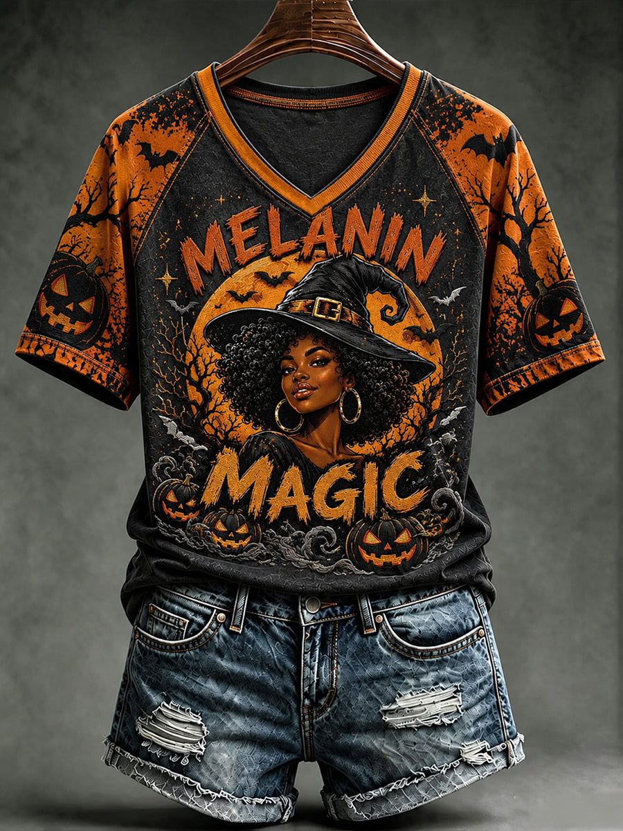 Women's Halloween Print V-neck T-shirt