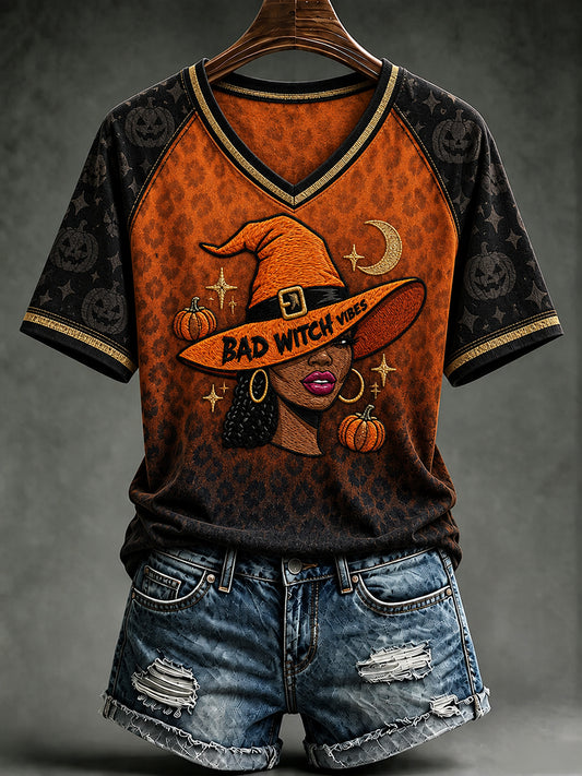 Women's Halloween Print V-neck T-shirt