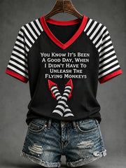 Women's Halloween Don't Make Me Drop A House On You Stripes Print V-Neck Tee
