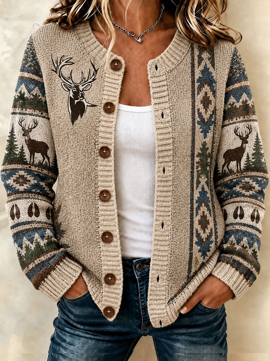 Women's Western Pattern Print Cardigan-Style Knit Jacket
