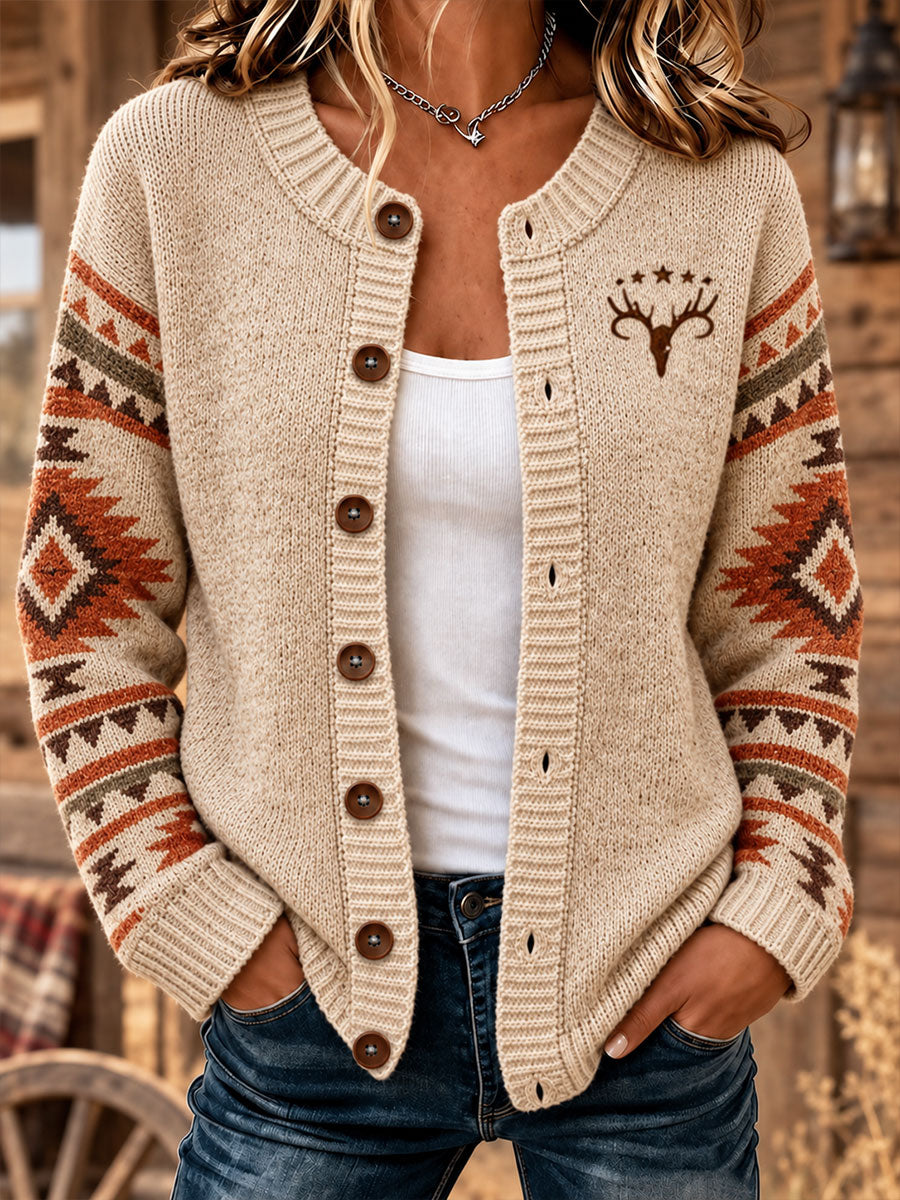 Women's Western Pattern Print Cardigan-Style Knit Jacket