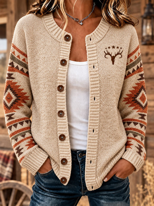 Women's Western Pattern Print Cardigan-Style Knit Jacket