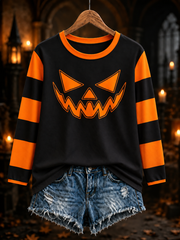 Women's Halloween pumpkin face striped printed Round neck long sleeve T-shirt