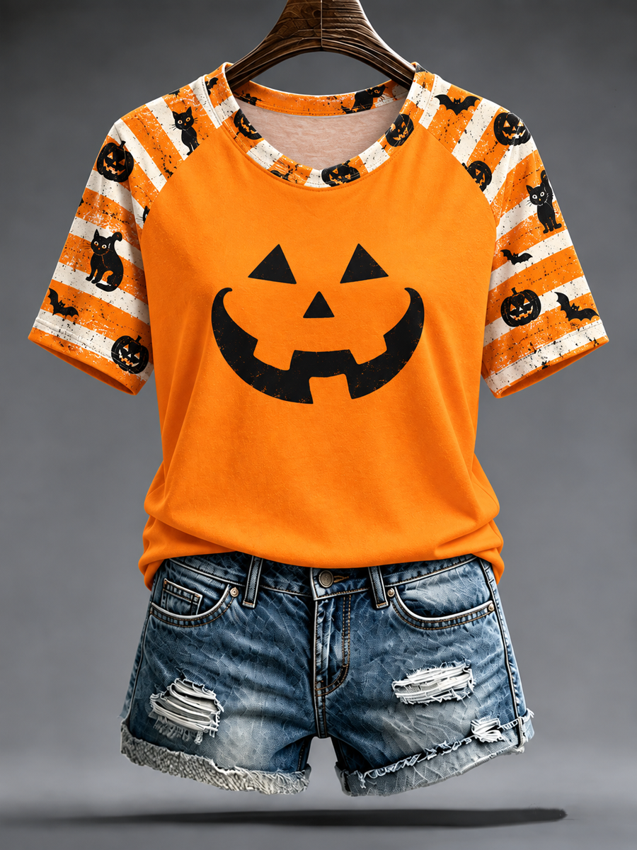 Women's Halloween pumpkin face striped printed round neck short sleeve T-shirt