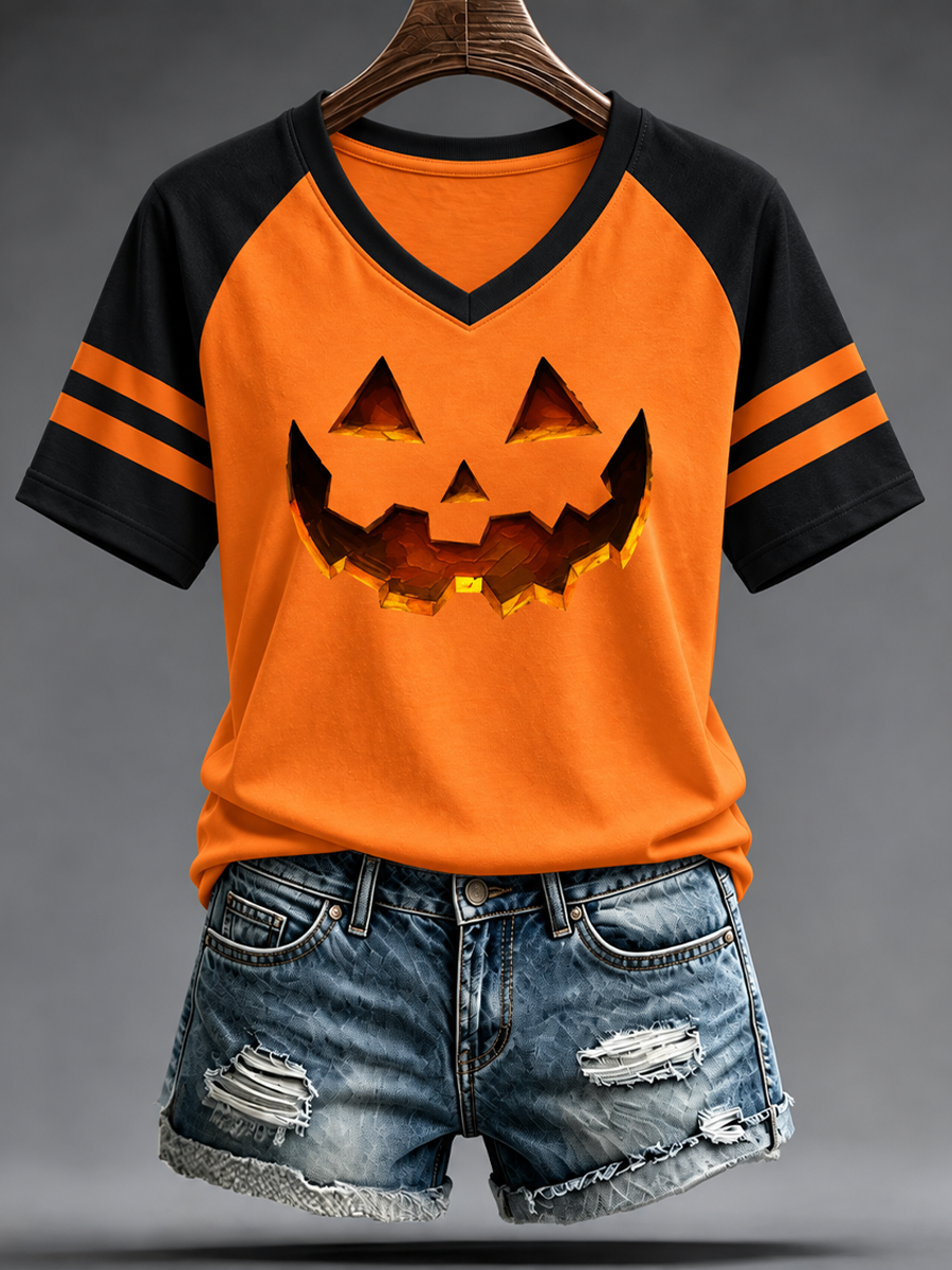 Women's Halloween pumpkin face striped printed short-sleeved T-shirt