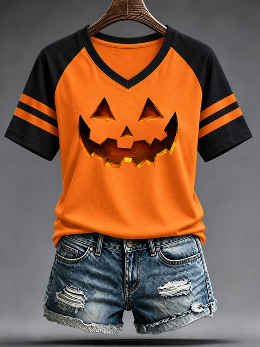 Women's Halloween pumpkin face striped printed short-sleeved T-shirt